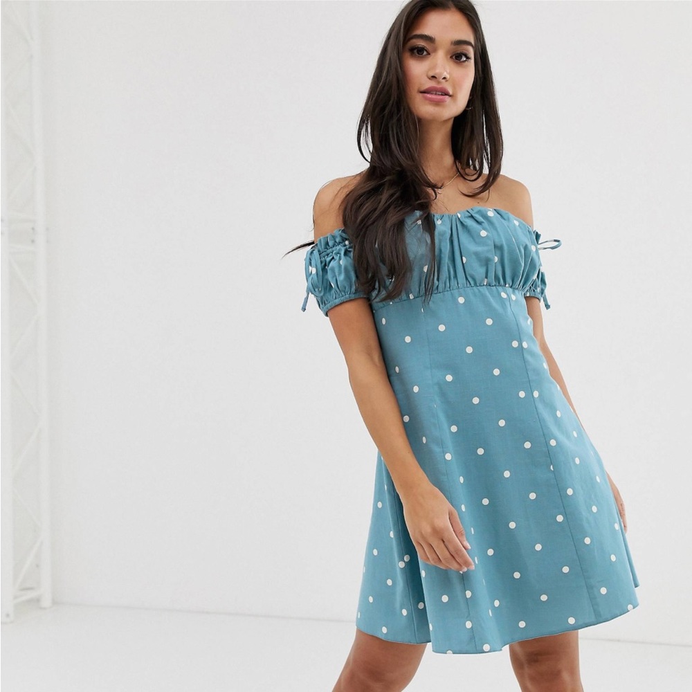 ASOS DESIGN Petite Polka Dot Off Shoulder Mini Sundress